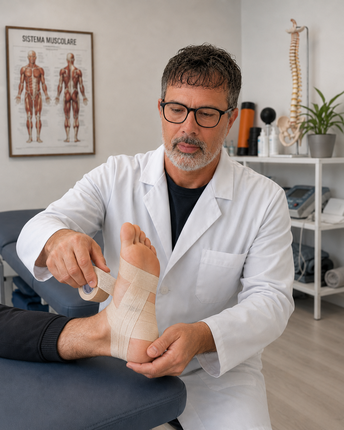 Applicazione di bendaggio funzionale con benda elastoadesiva tipo Tensoplast alla fascia plantare