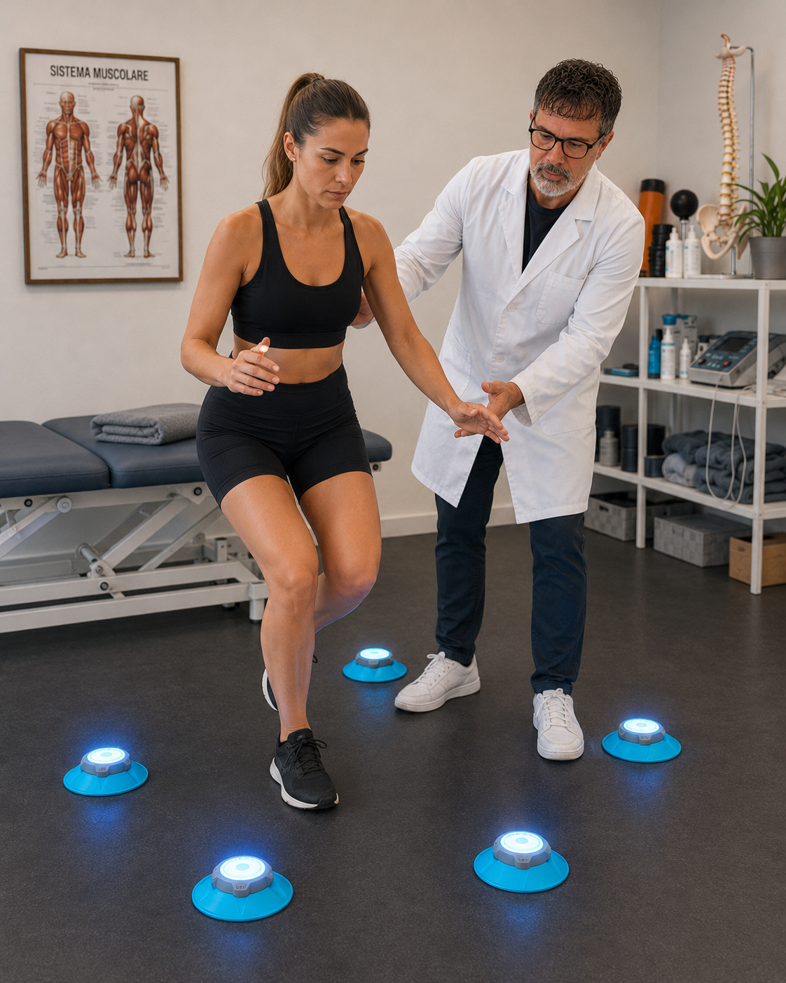 Ginnastica fisioterapica riabilitativa con esercizi di equilibrio e sistema di luci interattive
