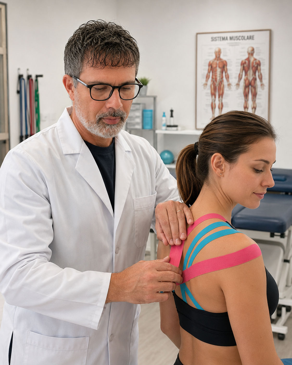 Applicazione di Kinesio Tape in studio su una paziente
